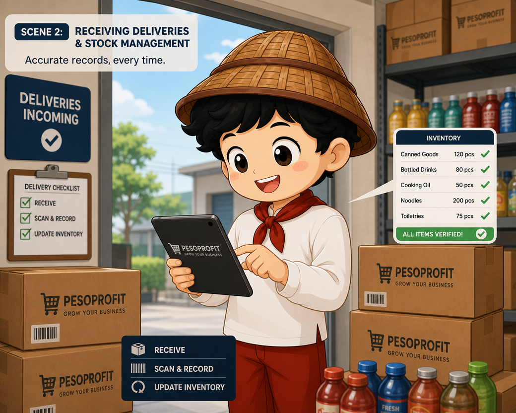 Kuya Pedro verifies supplier deliveries with AI invoice scanning while organized PESOPROFIT boxes are logged
